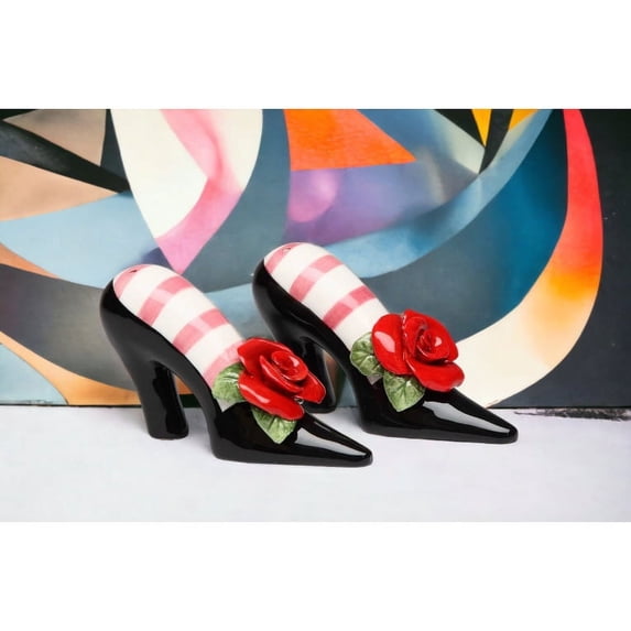 Ceramic Black Heels Salt and Pepper Shakers Red Rose
