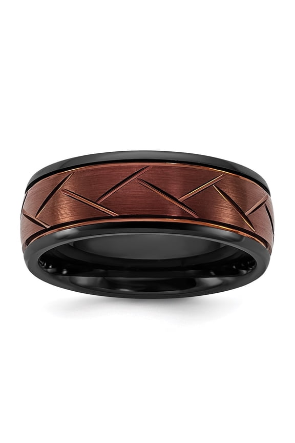 Ceramic Black Polished with Red IP-plated Scratch Finish Grooved Center 8mm Band