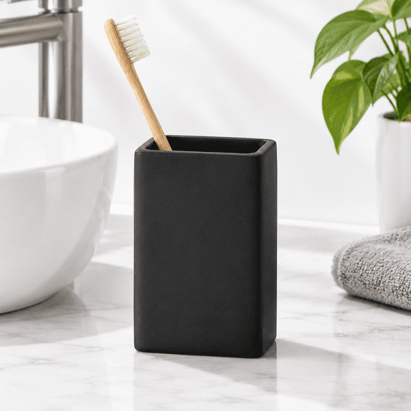 Ceramic Black Square Toothbrush Holder For Bathrooms - 1 Cup Holders Bathroom Tumbler Reusable Mouthwash Counter Organizer.