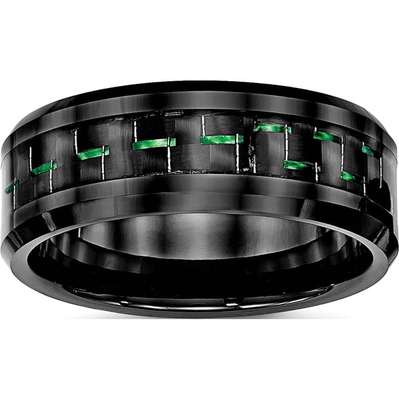 Jewelry by Sweet Pea Ceramic Chisel Ceramic Black with Green Carbon Fiber Inlay Beveled Edge Ring