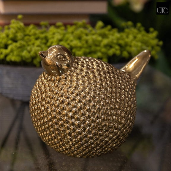 Glenten Blueberry Dimpled Bird Figurine – Decorative Ceramic Bird Statue, Home Decor Accent for Living Room, Shelf, Tabletop -Gold