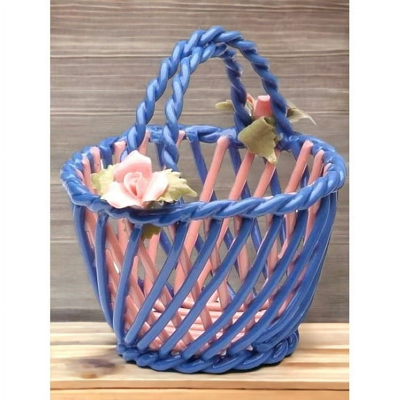 Ceramic Blue Basket with Pink Roses 3.75 inches Nature