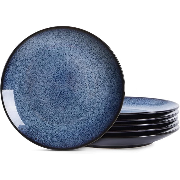 Ceramic Blue Dinner Plates Set of 6, 10.6 Inch Stoneware Large Luxury Dishes Porcelain for Kitchen Gifts Pasta Salad Dessert, Scratch Resistant