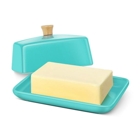Ceramic Blue European Butter Dish with Lid for Countertop (8 Inch) - Wide 2 Stick Double Butter Holder for Counter, Cream Cheese Container Storage Keeper