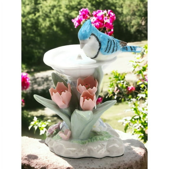 Ceramic Blue Jay Bird Figurine with Tulip Flower 3.75x3x5 Inch