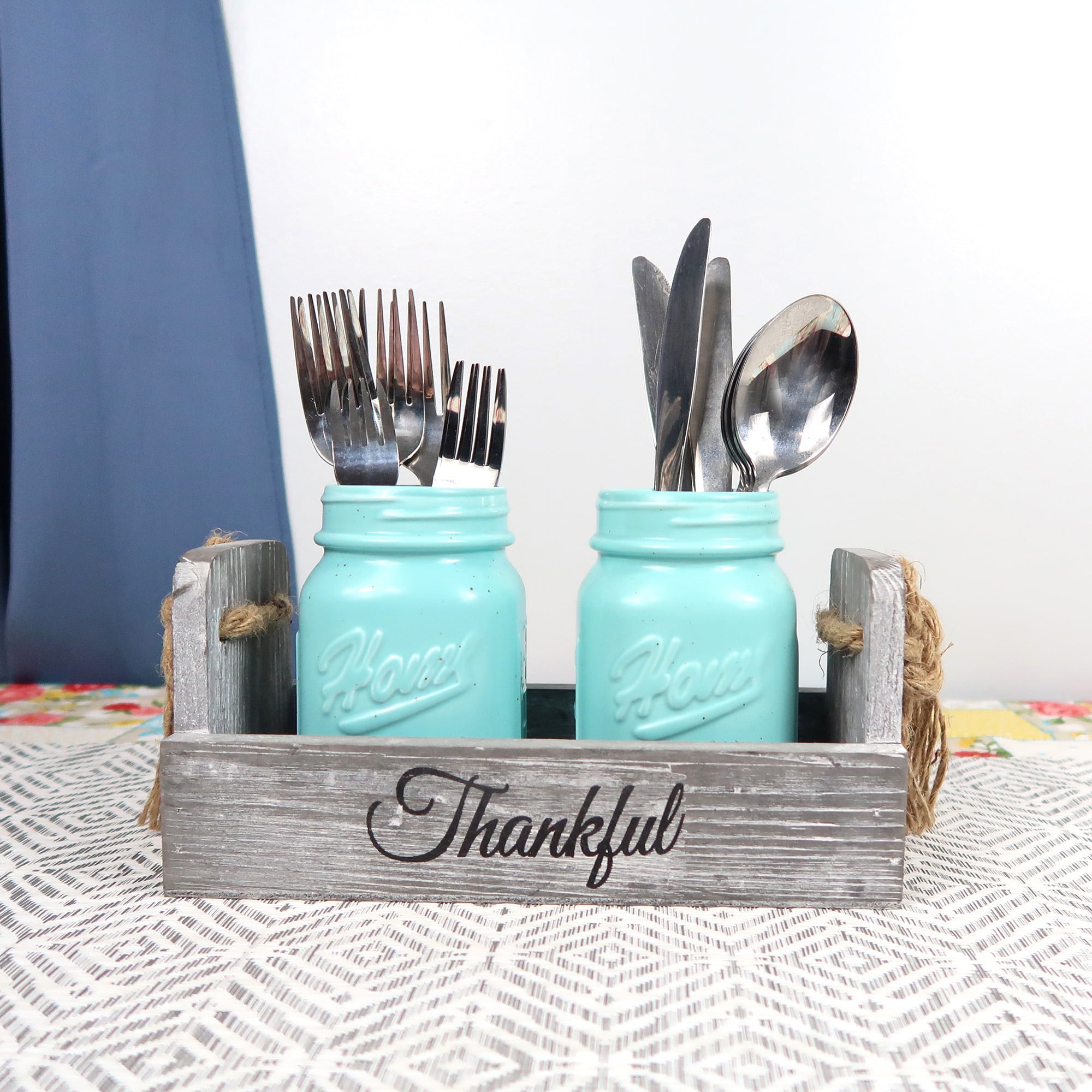 Ceramic Blue Mason Jar Utensil Holder, Silverware Organizer For Spoons