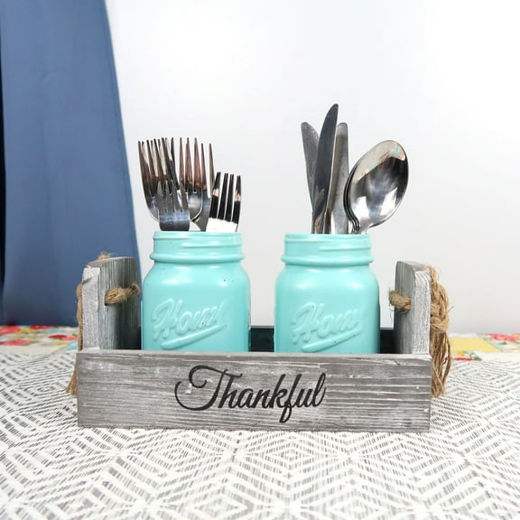 Ceramic Blue Mason Jar Utensil Holder, Silverware Organizer For Spoons, Knives And Forks With Rustic Wood Tray