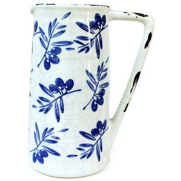 Ceramic Blue and White Floral Pitcher or Vase (Blue and White-Olive Print)