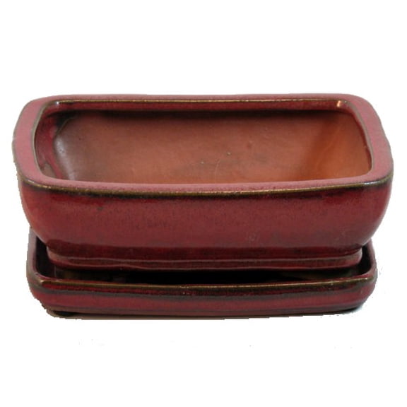 Ceramic Bonsai Pot/Attached Saucer - Parisian Red - 8" x 6.25" x 3" + Felt Feet