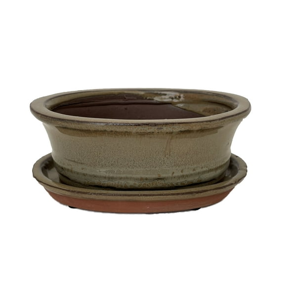 Ceramic Bonsai Pot/Saucer - Mustard Oval - 6 1/8" x 4 1/2" x 2" with Felt Feet