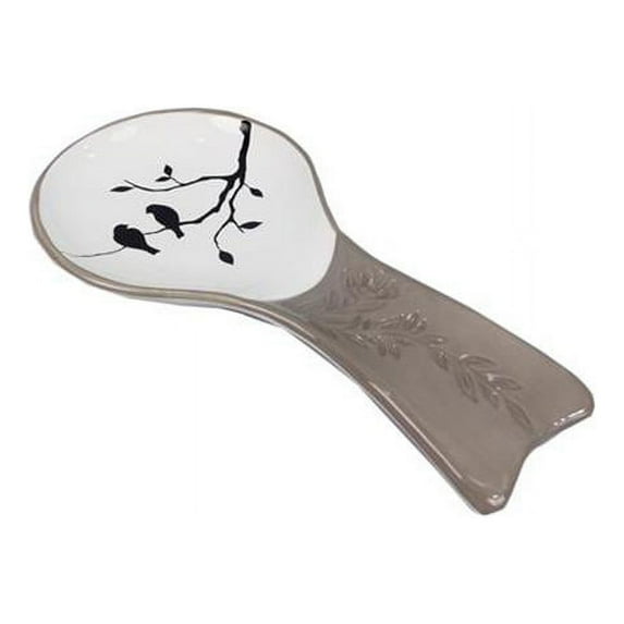 Ceramic Botanical & Bird Design Spoon Rest, Gray & White