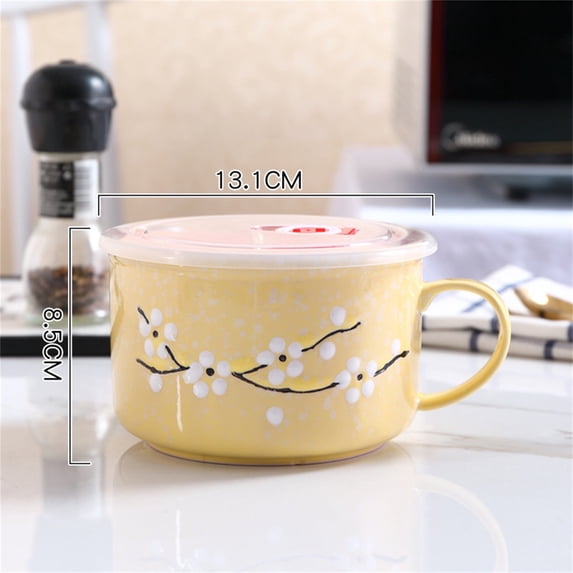 Ceramic Bowl with Lid and Handle, Ramen Bowl with Lid, Cherry Blossoms Among Snow Flake Pattern Microwave Soup Bowl with Lid, Meal Mug with Lid for Instant Noodle Sara, Cereal Bowl
