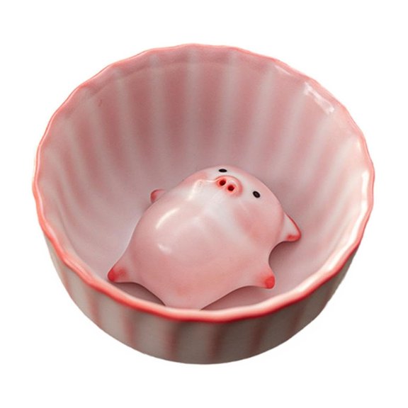 Ceramic Bowl with Pig Figurine Inside Striped Patterned Bowl for Home Kitchen Use Gift Boxed Set for Everyday Tableware