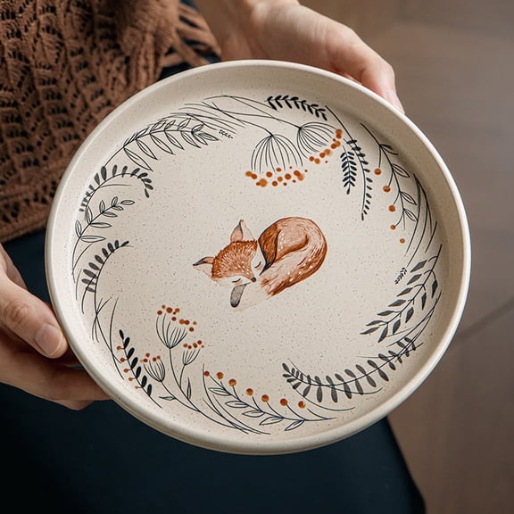 Ceramic Decorative Bowl with Fox Illustration 7.1 Inch Shallow Serving Bowl, Hand-Painted Animal Design Plate for Snacks, Dessert, Salad & Home Dcor