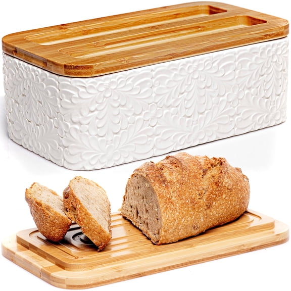 Ceramic Bread Box with Engraved Design, Countertop Food Storage