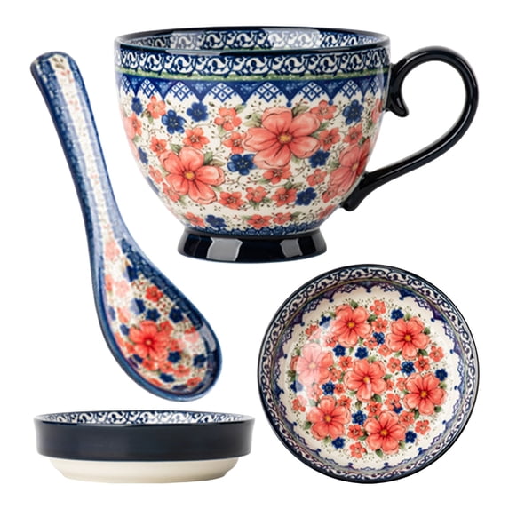 Ceramic Breakfast Mug And Plate Set, Large Handle Soup Cereal Bowl With Spoon, Microwave Safe Dishwasher Safe Dinnerware For Sandwich And Coffee, A 19x19cm (Multicolor, 19*19CM)