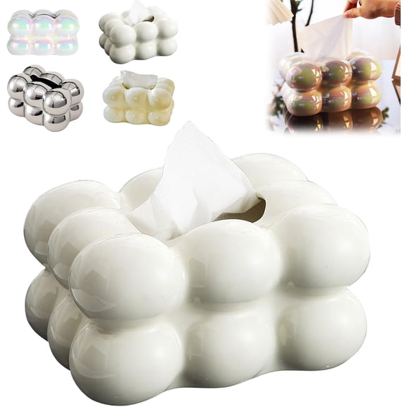Ceramic Bubble Tissue Box Cover (White) - Glossy Facial Paper Organizer for Bathroom, Living Room & Office(1Pcs, B)