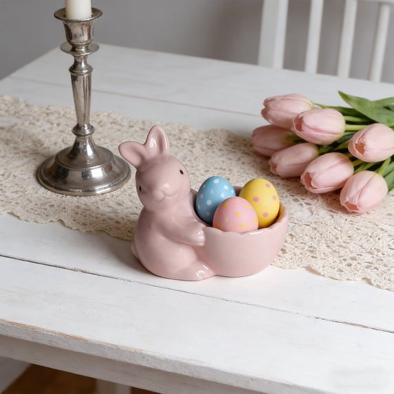 Ceramic Bunny Egg Cup Holder for Soft Boiled Eggs, Cute Rabbit Egg Stand, Easter Table Decor, White Ceramic Egg Container for Kitchen or Home Decoration