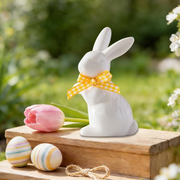 Ceramic Bunny Figurine Decor White Porcelain Easter Rabbits Statues with Plaid Bow Easter Bunny Sculpture Ornament for Easter Dining Table Centerpiece Tiered Tray Bowl Shelf