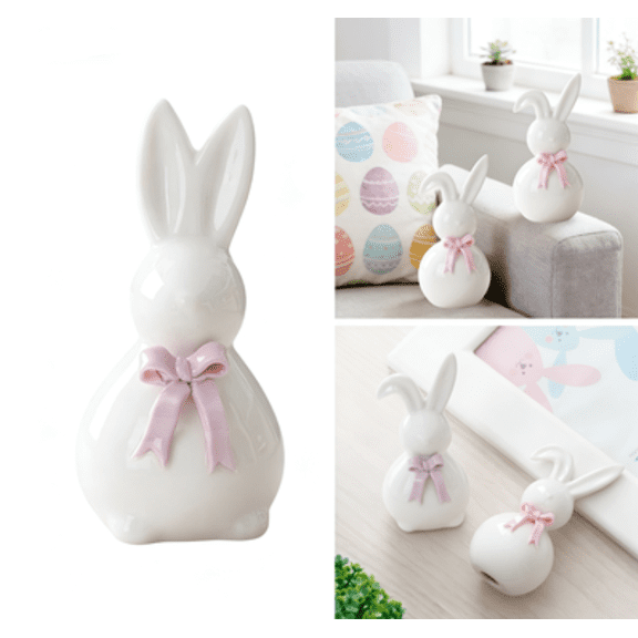 Ceramic Bunny Figurine White Porcelain Craft For Living Room Kitchen Easter Decoration,White
