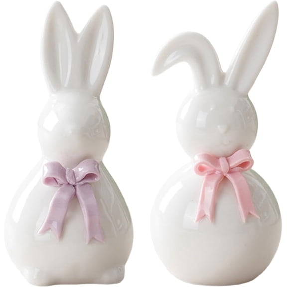 Ceramic Bunny Ornaments, 2 Piece Ceramic Bunnies with Bow, Easter Home Decor and Holiday Decorations, Pink and Purple Bunny Figurines, Cute Tabletop Decor for Spring and Easter