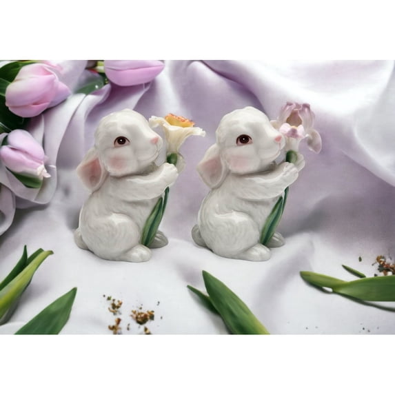 Ceramic Bunny Rabbit Salt and Pepper Shakers with Flowers