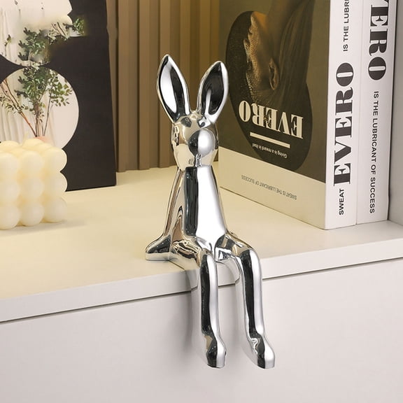 Ceramic Bunny Shelf Sitter Ornament for Easter Decor, Porcelain Figurine with Long Dangling Legs for Floating Shelves Mantel Tabletop, Glossy Finish, By VINOIC