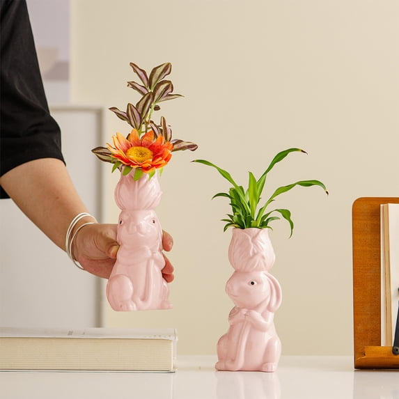 Ceramic Bunny Vase Cute Rabbit Flower Vase Home Decor for Easter Spring Decoration Living Room Office(Pink)