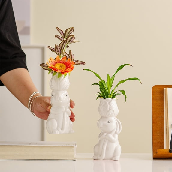 Ceramic Bunny Vase Cute Rabbit Flower Vase Home Decor for Easter Spring Decoration Living Room Office(White)