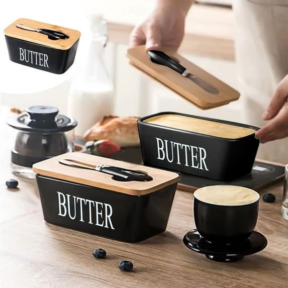 Ceramic Butter Box with Lid and Cutting Tools - Nordic Style Cheese and Butter Storage Jar for Kitchen Organization