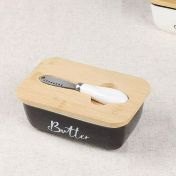 Ceramic Butter Dish with Built-in Spreader Knife | Rectangular Butter Storage Container | 500ml Butter Keeper for Kitchen Counter | White or Black Ceramic Butter Box with Non-Slip Base