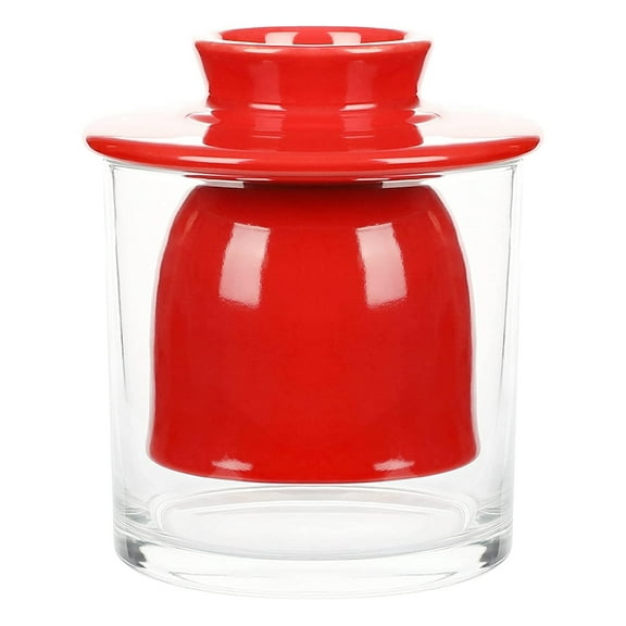 Ceramic French Butter Dish Crock with Glass Lid – Large Capacity, Water Seal Butter Keeper – Red | Elegant Countertop Butter Holder for Soft, Spreadable Butter | Easy to Clean & Dishwasher Safe