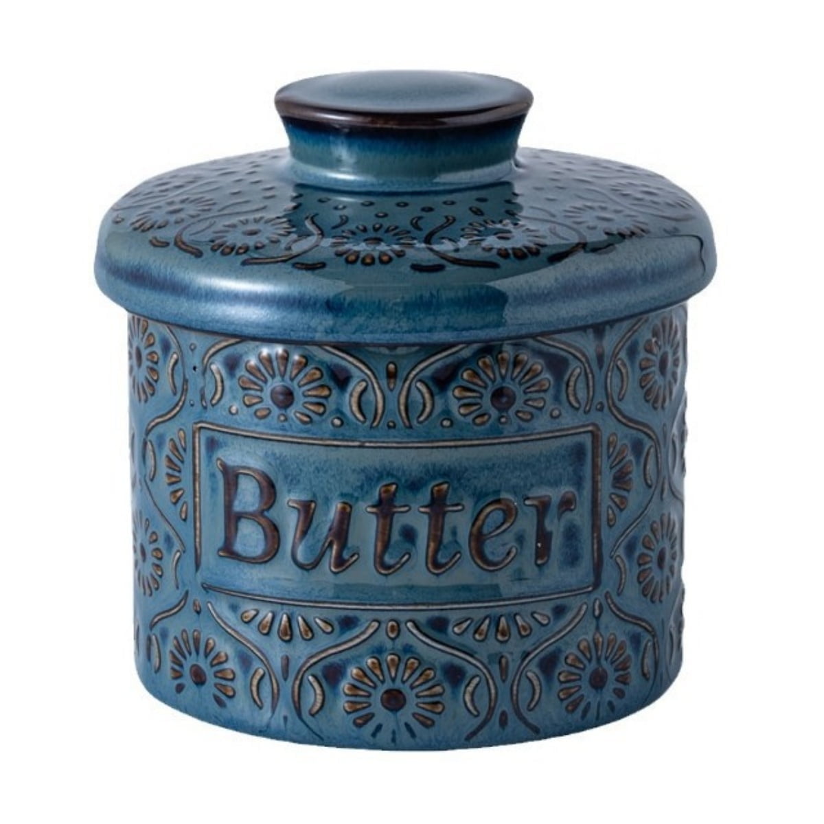 Ceramic Butter Dish, Dingrich 6.7oz French Butter Dish with Lid, Butter Crock for Counter with Water Line, Butter Keeper for Spreadable Butter, Butter Preserving Jar for Home Kitchen (Blue)