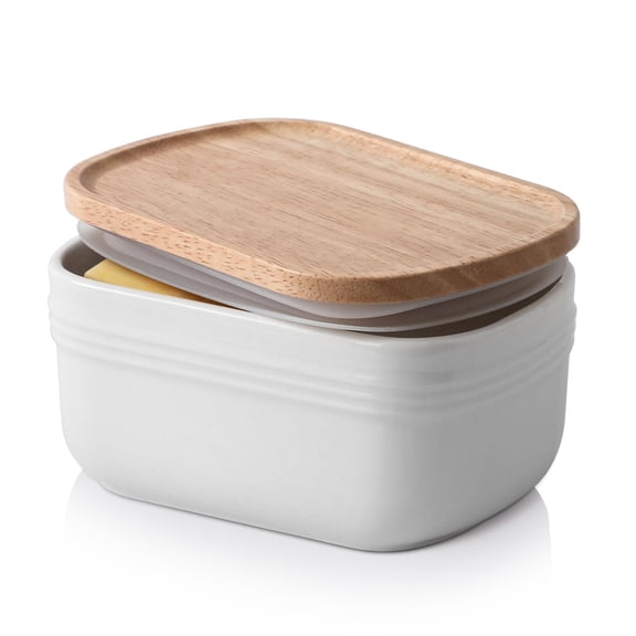 Ceramic Butter Dish, Extra Large Butter Keeper for Countertop or Fridge, Airtight Butter Container with Wooden Lid, Farmhouse Kitchen Decor and Accessories, Freezer Safe