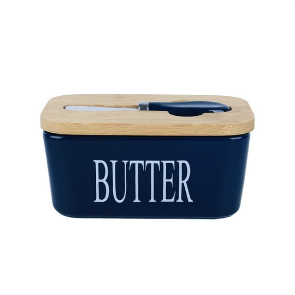 Ceramic Butter Dish with Knife, Dingrich Airtight Butter Keeper with Wooden Lid for Countertop, 21oz (600ML) Large Butter Holder for East West Coast Butter - Navy Blue