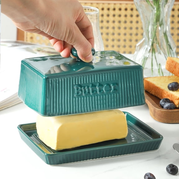 Ceramic Butter Dish with Lid for Countertop,  Butter Holder with Knob Handle, Porcelain Butter Keeper, Large Butter Tray Butter Container for East & West Coast Butter, Farmhouse Kitchen Decor, Green
