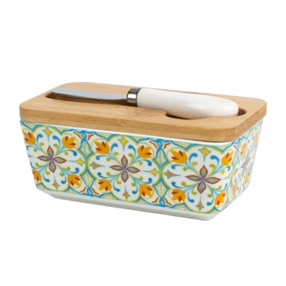 Ceramic Butter Dish with Knife & Wooden Lid, Flowers Farmhouse Butter Keeper, 350ml Covered Container for Countertop, Cottagecore Kitchen Decor