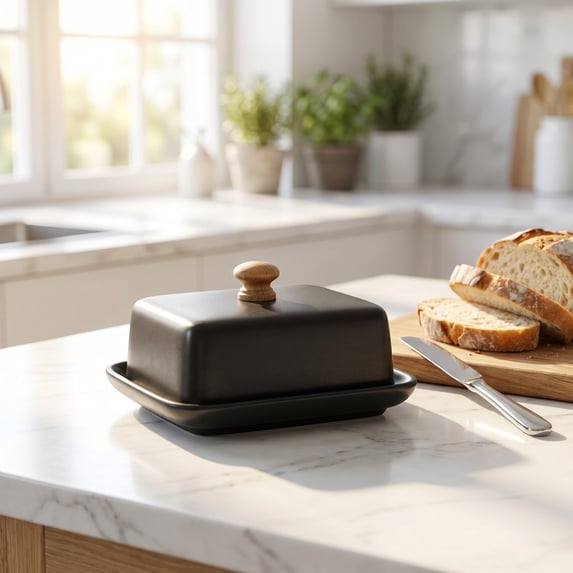 Ceramic Butter Dish with Lid, Covered Porcelain Food Container with Wooden Knob, Countertop Keeper for Butter Cheese Sauces Leftovers and Serving