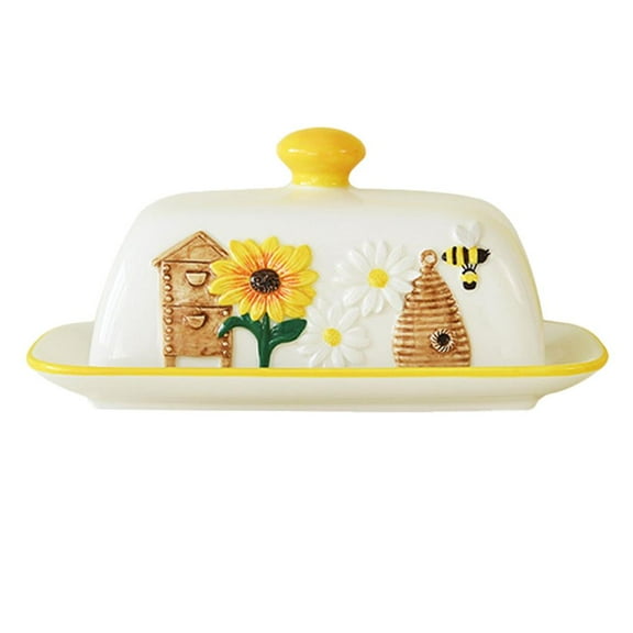 Ceramic Butter Dish with Lid, Sunflower Butter Keeper 8.64.8 Large Butter Ceramic Keeper For Counter Tray Storage