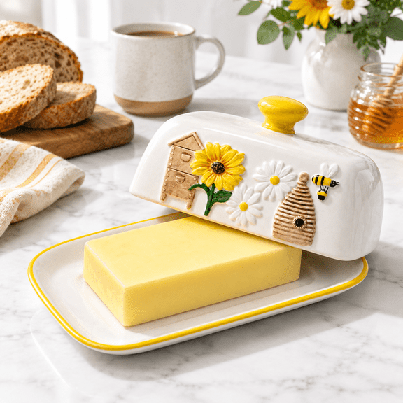 Ceramic Butter Dish with Lid, Sunflower and Bee Design, Countertop Kitchen Storage