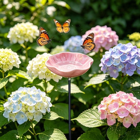 Ceramic Butterfly Waterer, Pollinator Drinking Station, Weatherproof Shallow Water Dish With Metal Stake, For Butterflies, Bees & Small Birds, 23.6" Tall-A