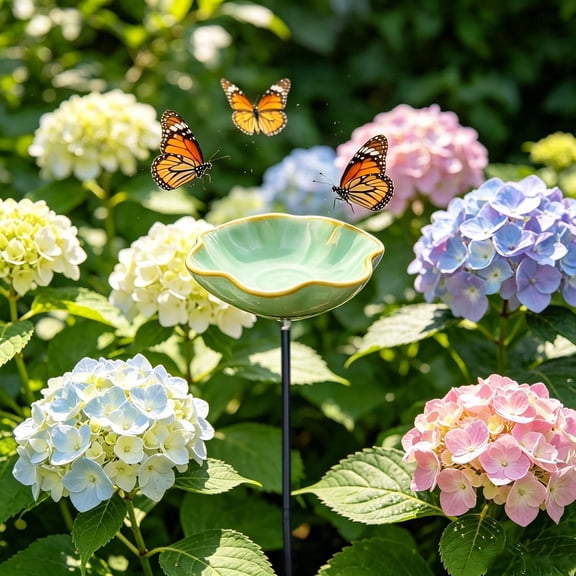 Ceramic Butterfly Waterer with Metal Stake Colorful Shallow Pollinator Water Dish Decorative Garden Bird Bath Bowl for Outdoor Garden Yard Patio Lawn