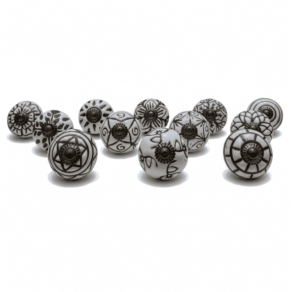 Vriksha Kraft Round Cabinet Knobs Ceramic Black & White with Cabinet Fittings, 12 Pack
