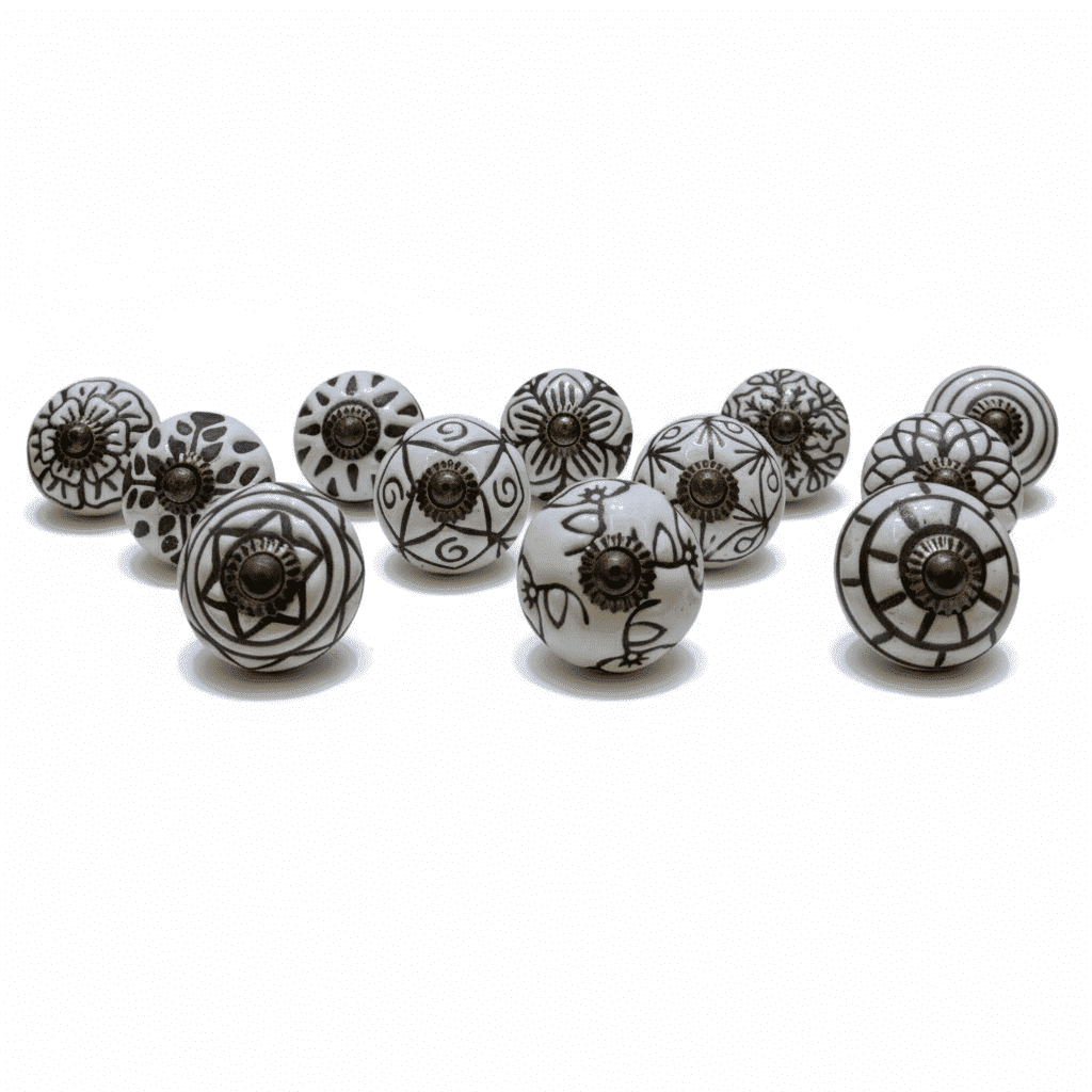 Vriksha Kraft Ceramic Cabinet Knobs – 12 Pack, Black & White Hand-Painted Drawer Knobs, Cabinet Knobs for Dressers, Cabinets & Furniture