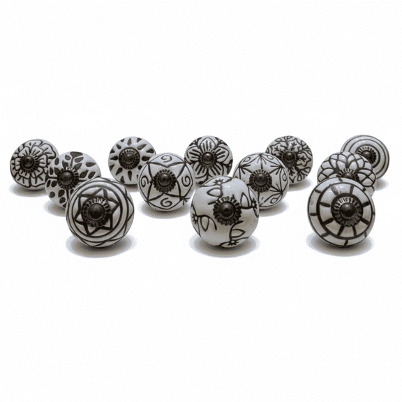 Ceramic Cabinet Knobs 12 Pack, Black & White Hand-Painted Drawer Knobs, Handmade Monochrome Cabinet Knobs for Dressers, Cabinets & Furniture