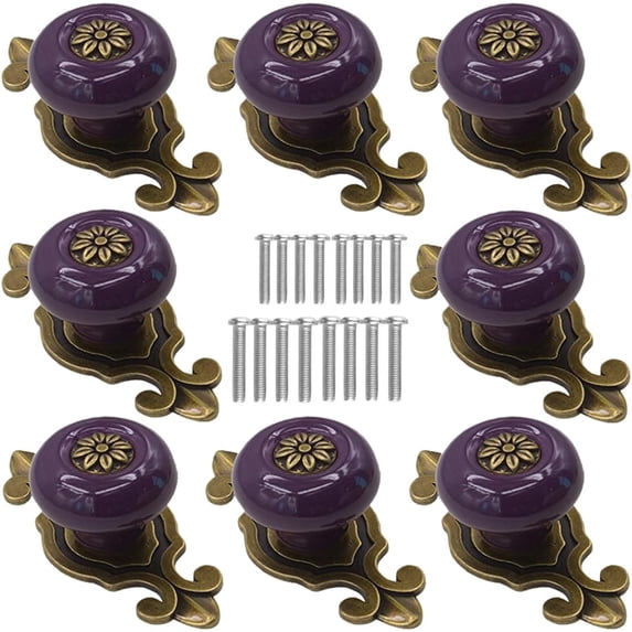 Ceramic Cabinet Knobs, [4 Pack] Vintage Drawer Knobs with Backplate, Cabinet Pull Handles for Kitchen/Dresser Drawer/Cupboard/Wardrobe, Purple