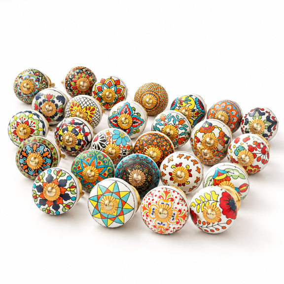 Ceramic Cabinet Knobs (set Of 30) Printed Mandala Design Decorative Drawer Pulls For Kitchen Cupboards And Dressers 2.5" Length X