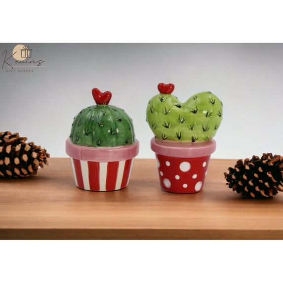 Ceramic Cactus Salt and Pepper Shakers Heart Design