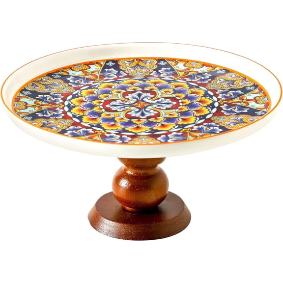 Ceramic Cake Stand with Elegant Wood Curved Footed, 8 Versatile Dessert Stand, 2-in-1 Dessert Table Display Set & Charcuterie Board for Birthday/Kitchen/Party/Charcuterie,Orange