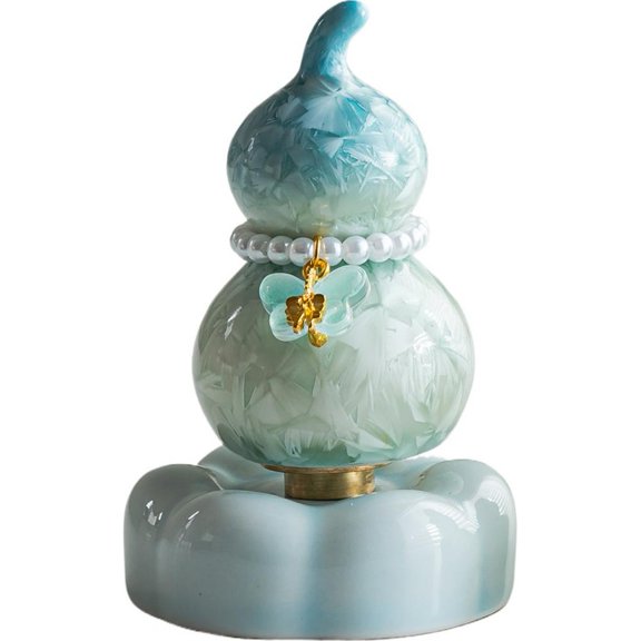 Ceramic Calabash Statue,Mini Ceramic Gourd Figurine with Pearl Bracelet Decoration,Feng Shui Good Luck Gourd Statues Sculpture with 360 Rotating Base for Home Office Desktop Decor